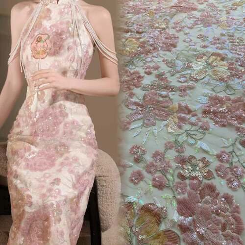 新款重工多色亮片花朵网纱刺绣布裙面料lace Embroidered fabric