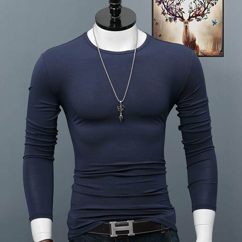 Home Daily~秋冬男士圆领长袖T恤莫代尔薄款纯色修身打底衫上衣潮