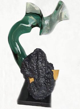 现新中式透明树脂工艺品 墨绿透明色假山样板房茶室软装饰品