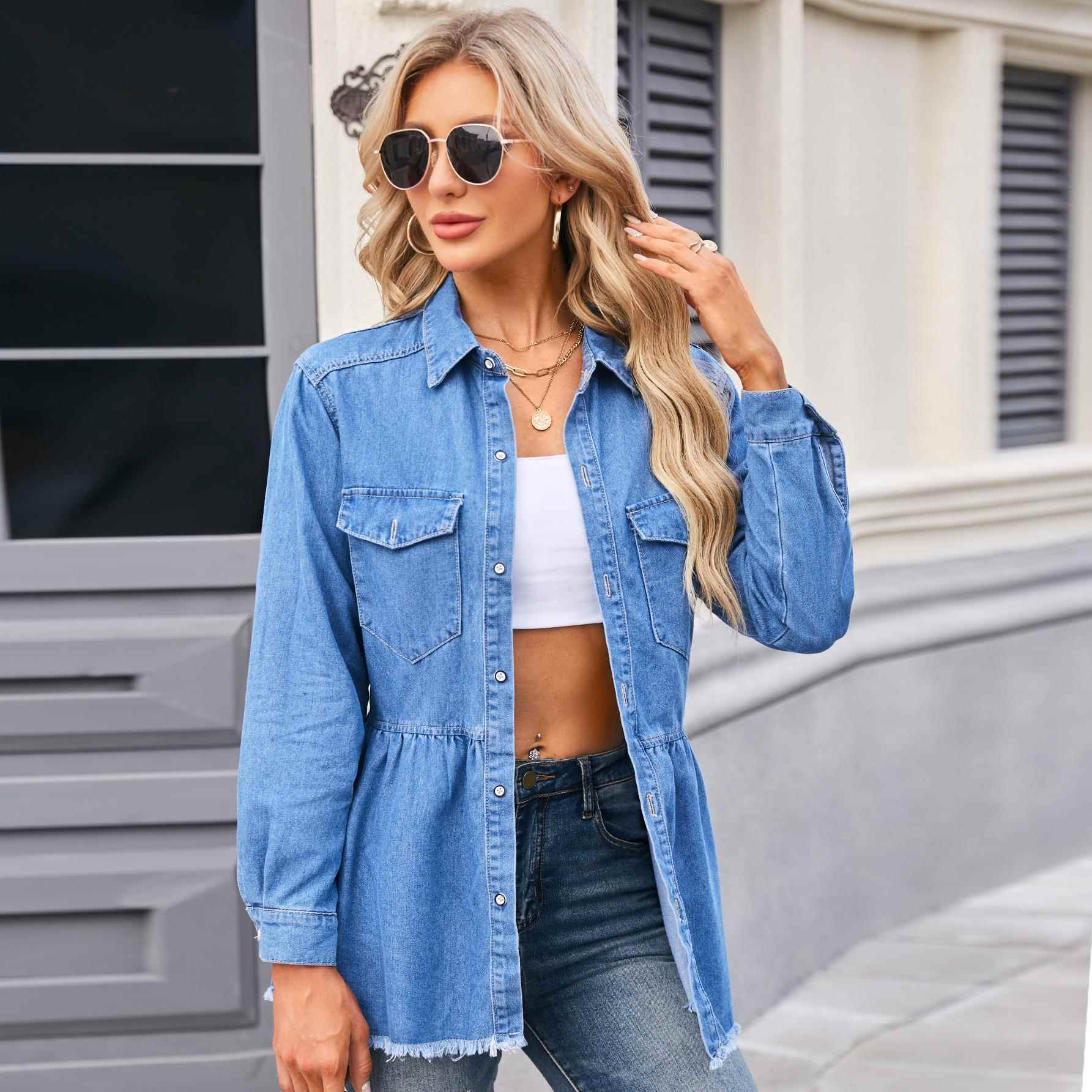 Women's washed long sleeve raw edge denim shirt top