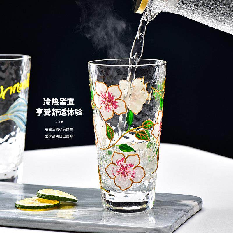 法兰晶小清新手工彩绘桃花鱼尾玻璃杯家用锤纹杯喝水杯子啤酒杯