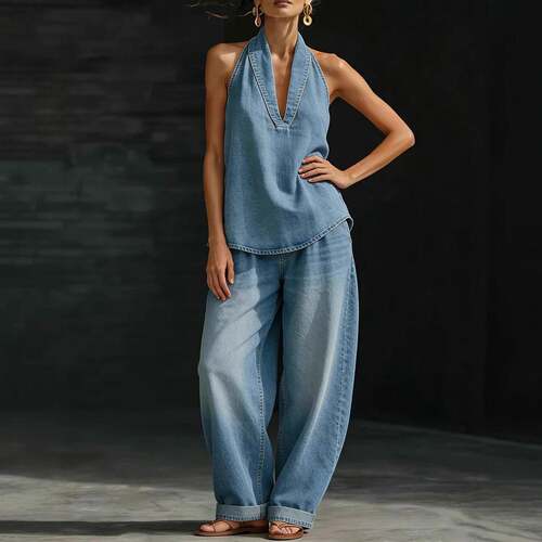 Women's Denim 2 Piece Set Casual Halter Deep V Neck Top and