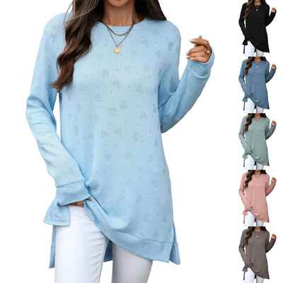 Round neck long sleeved slit T-shirt top for women