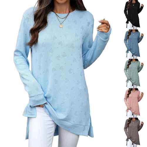 Round neck long sleeved slit T-shirt top for women