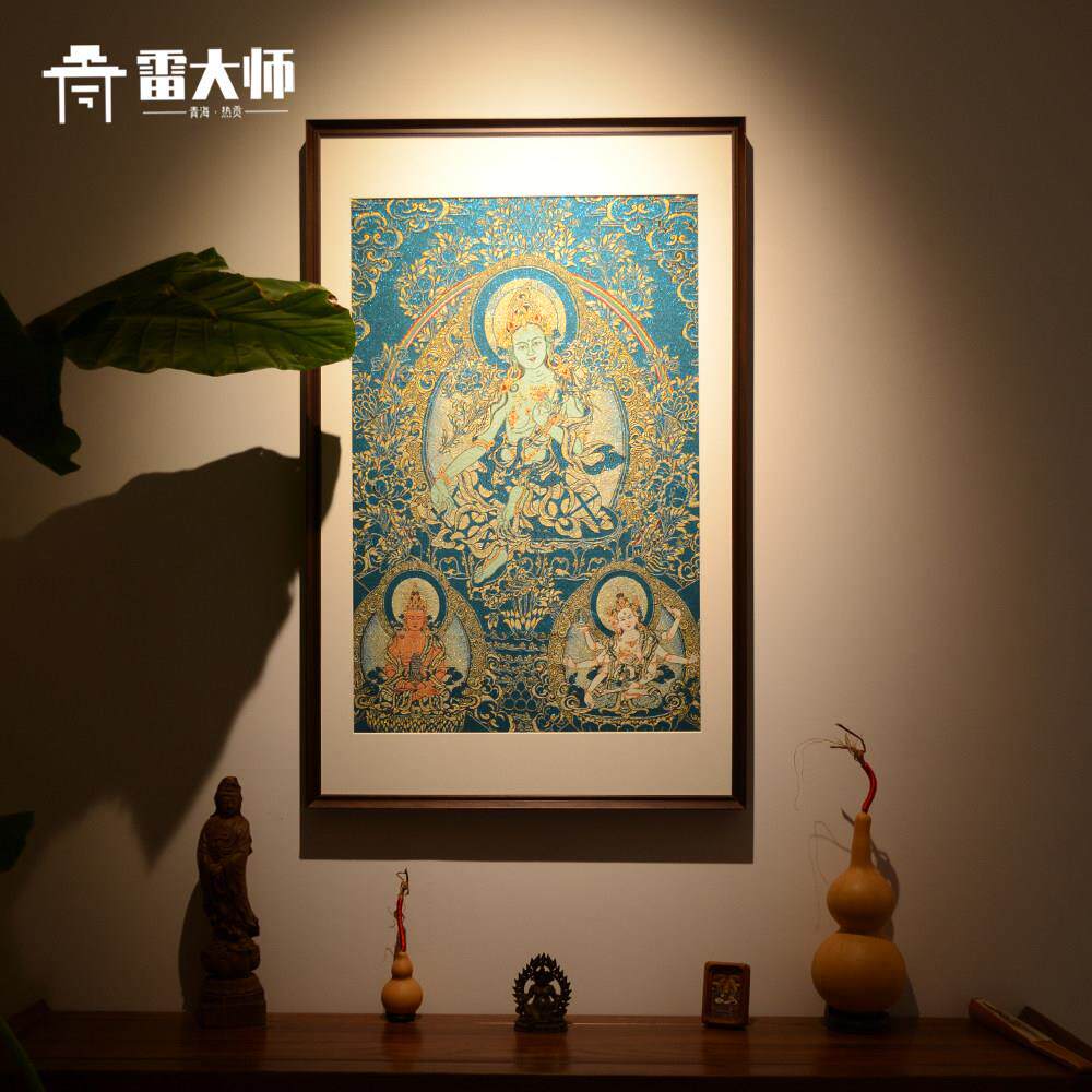 刺绣绿度母唐卡茶室玄关装饰画客厅背景墙挂画沙发饭厅入户门挂墙