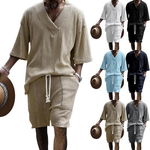 Seven sleeve knitted top shorts men's suit beach suit men