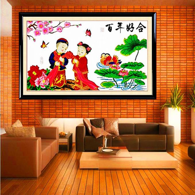 百年好合二人物十字绣成品绣好的新中式客厅装饰挂画可带框福寿