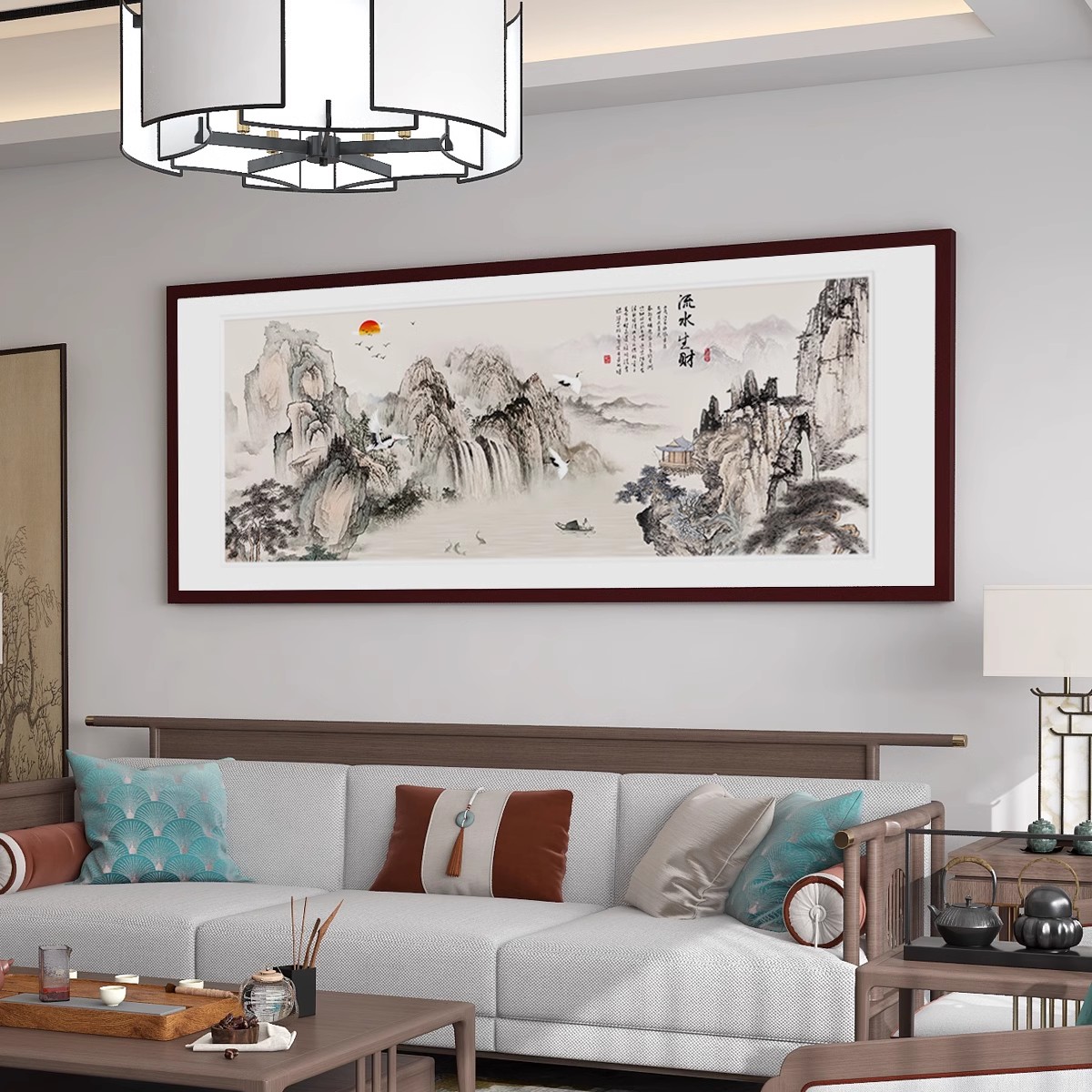 流水生财山水风景画客厅挂画茶室茶台装饰画办公室沙发壁画靠山图