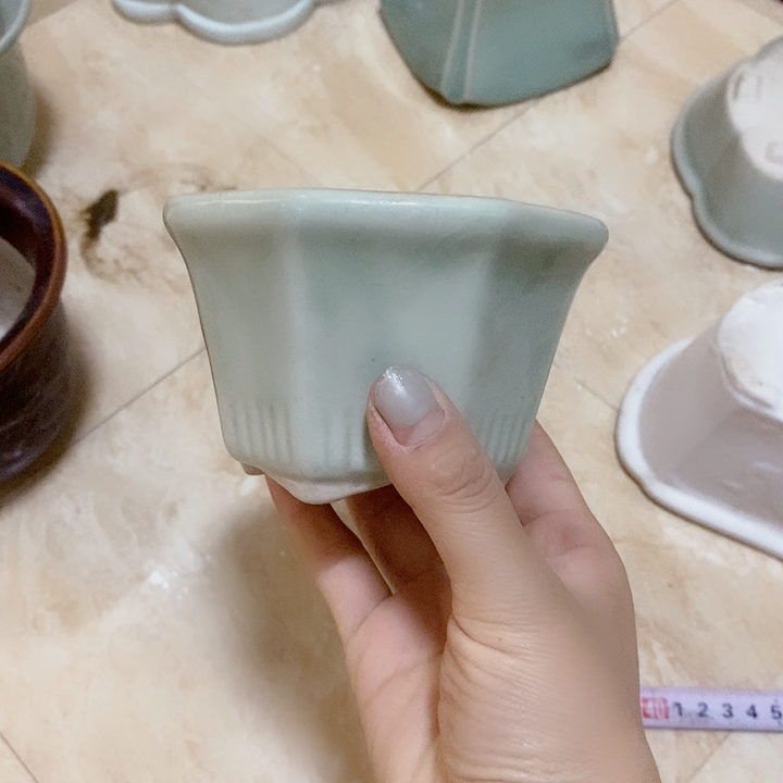 料器花老青瓷花盆清仓直径有孔10厘米8角2个