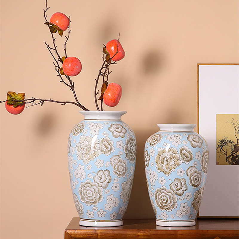 新中式景德镇陶瓷蓝色花瓶手绘复古青花瓷花瓶高级感客厅书房摆件