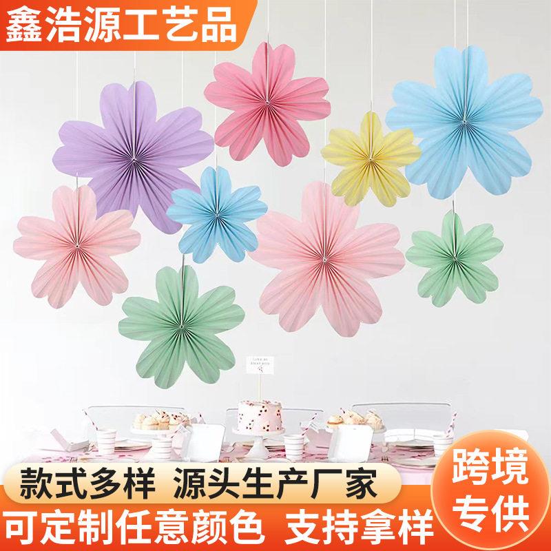 五朵花纸扇花吊饰店铺促销春日橱窗悬挂场景氛围活动装饰纸扇花