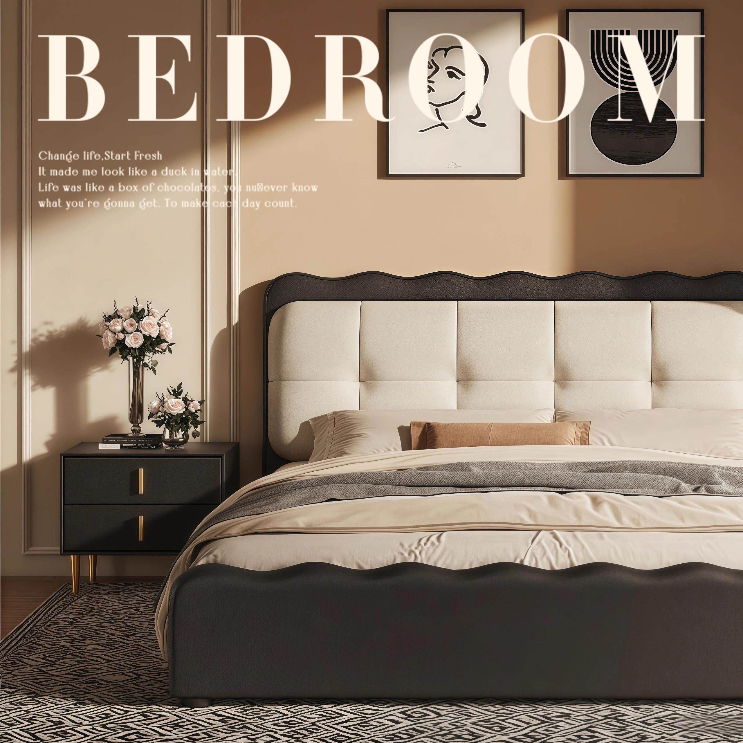 法式覆古黑色泡芙床云朵主卧真皮床现代简约涟漪床网红软包双人床