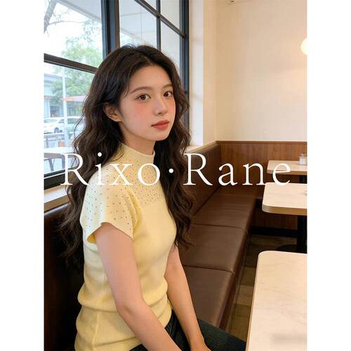 法国Rixo Rane 气质出场法式设计感贴珠半高领针织修身短袖上衣
