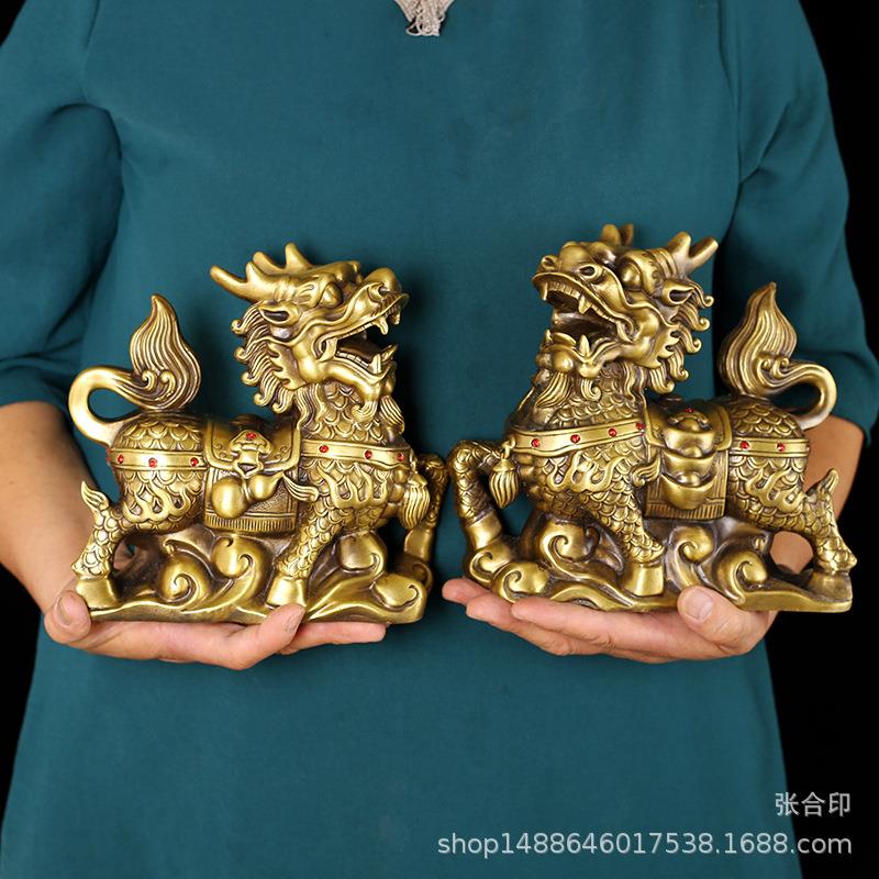 新款直销纯铜祥云麒麟摆件 金钱如意麒麟 背葫芦元宝家居玄关工艺
