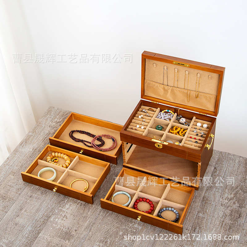 松木抽屉式翻盖带把手首饰盒木质复古收纳盒带锁饰品盒分格收纳箱