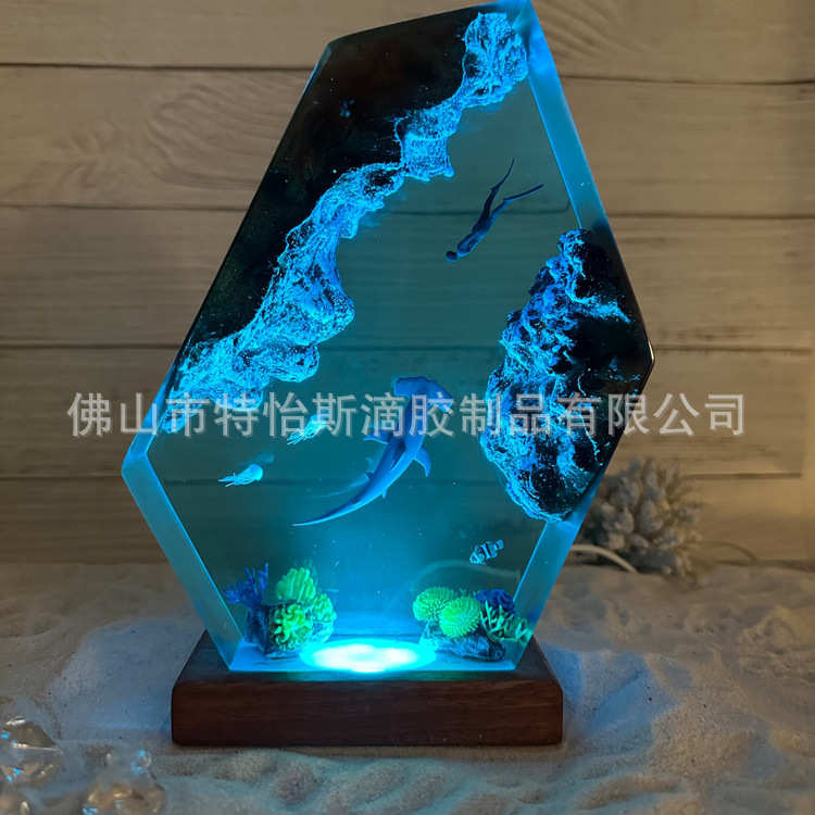 新款锤头鲨海洋小夜灯实木滴胶树脂透光创意夜灯家居摆件装饰灯