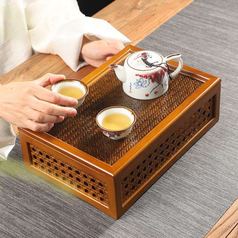手工竹制家用长方形收纳盒中式复古简约竹编茶具带盖防尘整理筐