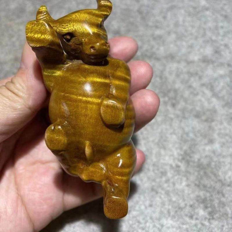 富甲天下雕刻手把件金丝文玩手工满老料坠楠木水波纹葫芦斗牛吊