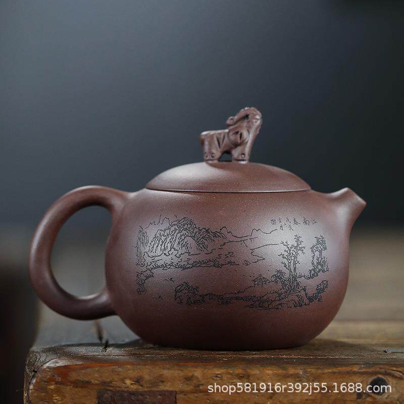 宜兴紫砂壶手工原矿紫泥刻绘大西施450毫升吉祥壶茶壶茶具一件代