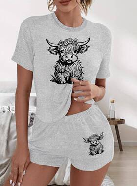 Women'S Cows & Flowers Print Pajama Set, Soft Short Sleeve