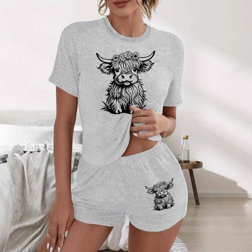 Women'S Cows & Flowers Print Pajama Set, Soft Short Sleeve