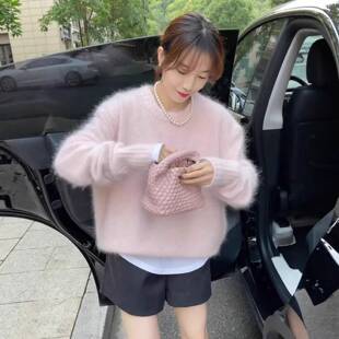极速小个子粉色马海毛慵懒松弛感套头毛衣女秋冬软糯高级感针织衫