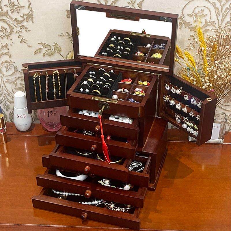 大容量首饰收纳盒覆古实木质精致多层手饰项炼戒指耳针环珠宝盒