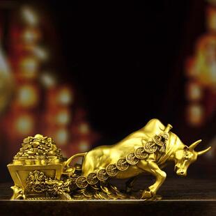 采购产品纯黄铜牛车，铜牛饰品，牛聚宝盆，铜生肖牛锭车，华尔街