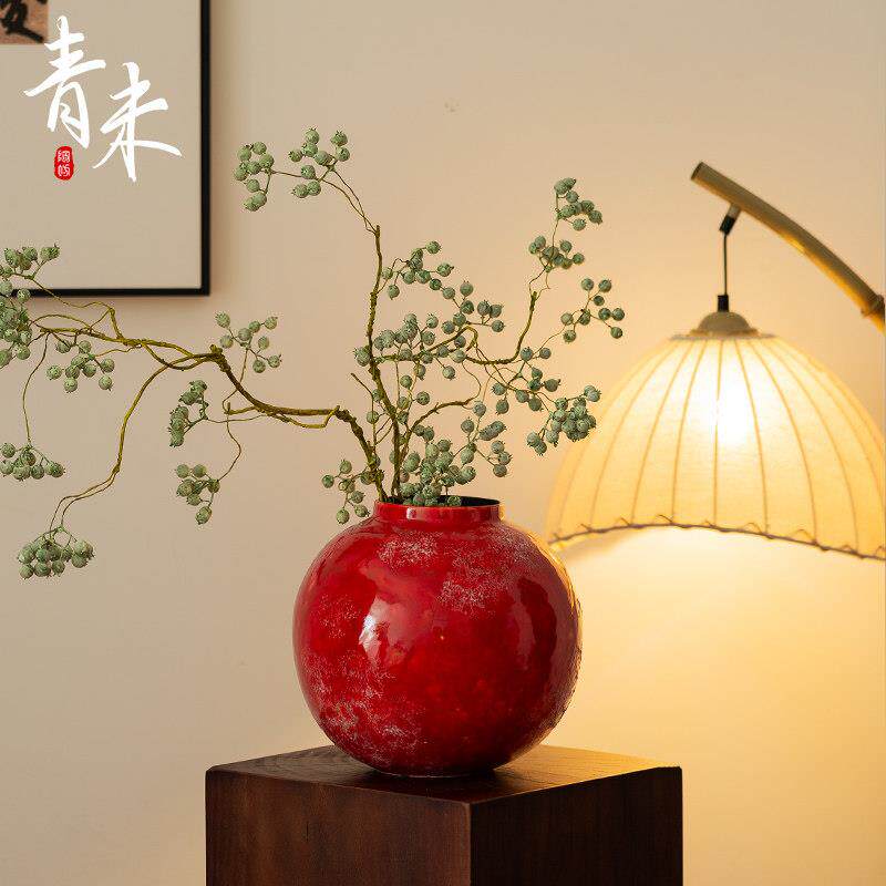 新家中式红色陶罐花瓶摆件客厅插花景德镇陶瓷轻奢高级感水培覆古