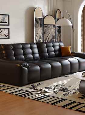 大黑熊沙发真皮意式极简客厅高端黑色直排一字型2025新款真皮沙发