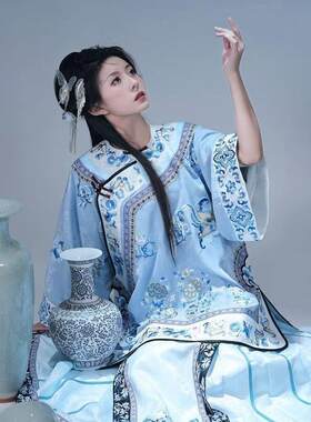清朝古装青花瓷重工印花中国风晚清清汉女商晋少奶奶服马面裙套装