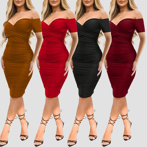 Women's Sexy Off-Shoulder Bodycon Midi Dress - Stretchy Figu
