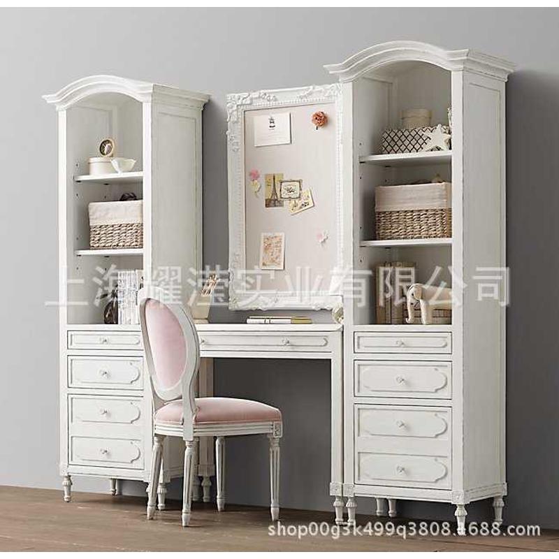 美式实木书柜定制家具复古做旧原木雕花儿童书柜书桌椅组合学习桌