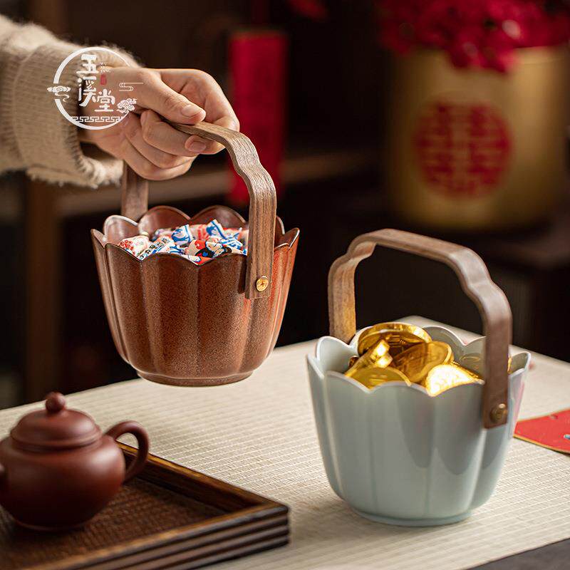 陶瓷复古水茶果篮年零食糖果收纳盒手提莲花手提创意点盘高货颜果