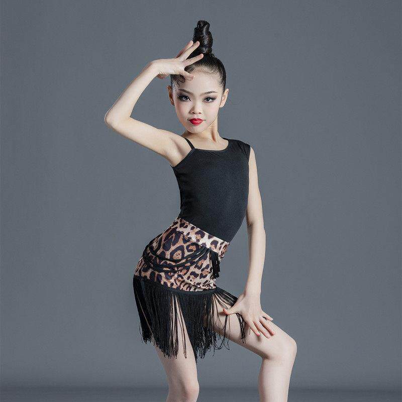 儿童拉丁舞裙女童2024新品夏季练功服幼儿专业演出服豹纹两件式套