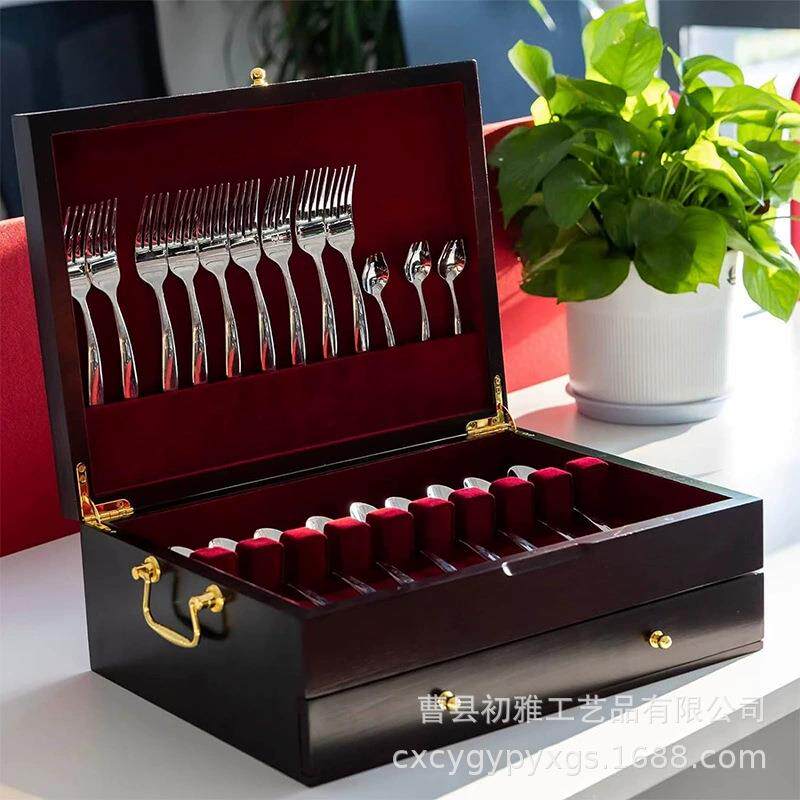 跨境木制银器盒银器收纳盒木制餐具盒餐具存储盒翻盖式餐具整理盒
