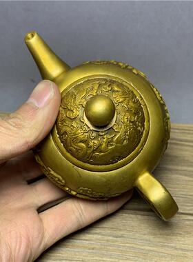铜古玩老物鎏件老双龙戏珠铜茶壶精工金铜壶水酒OGE壶古董收小藏