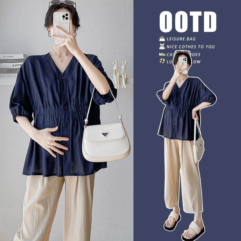 大码孕妇宽松运动上衣2026夏季轻奢款衬衣女减龄遮肚子七分袖衬衫