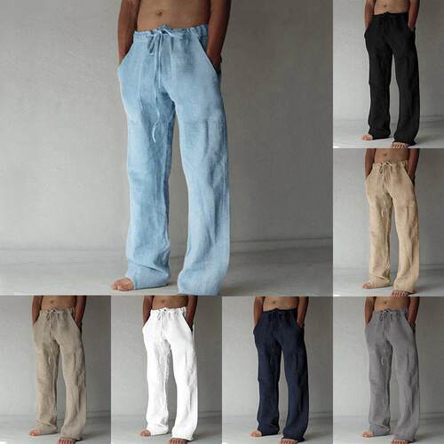 Cotton Linen Solid Color Casual Drawstring Trousers休闲长裤