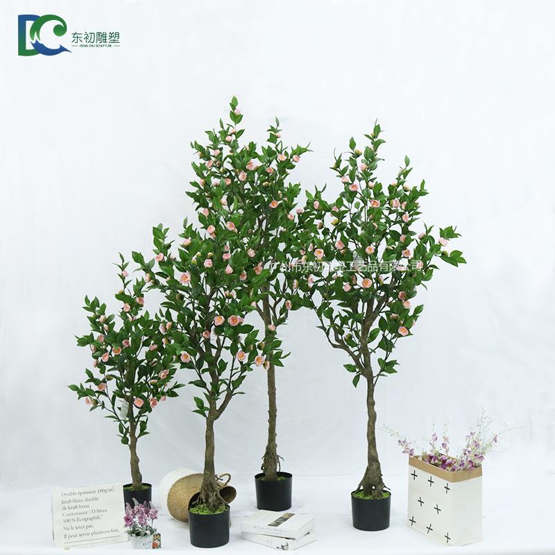 酒店婚庆仿真茶花树人造塑料绿植落地盆栽北欧简约风格室内摆件