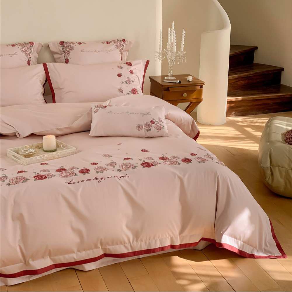 澳棉被粉色绣花玫瑰花刺绣法式棉床上用品件套高档套四全