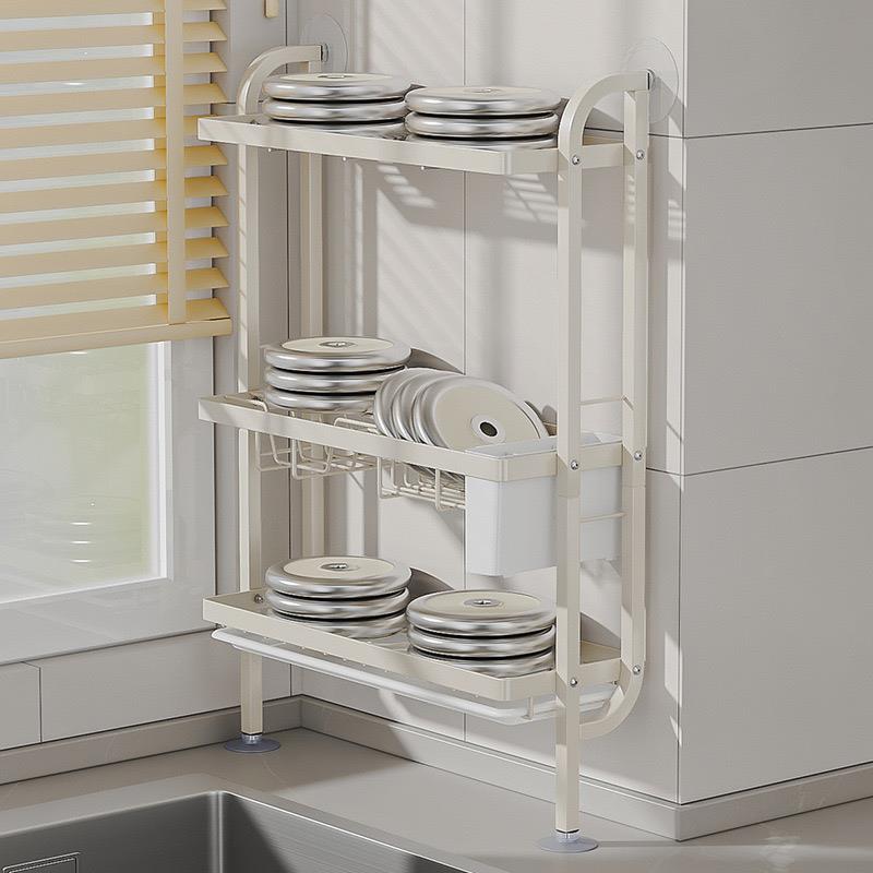 免打孔厨房置物架台碗架墙沥水架碗碟架面放窄缝上三层碗盘收Vg10