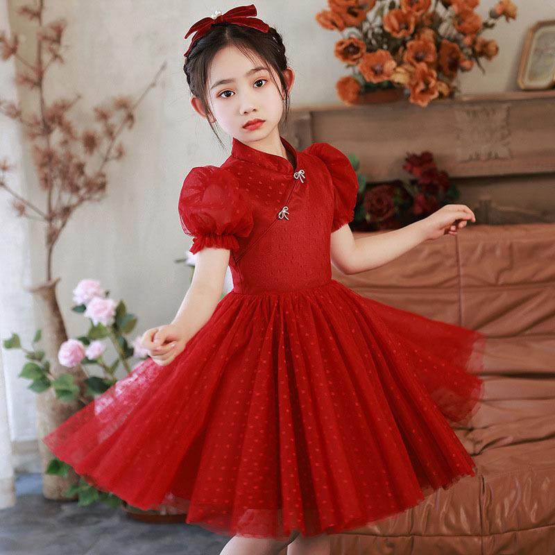女童旗袍礼服公主裙夏季小主持人儿童红色裙子朗诵钢琴演奏演出服
