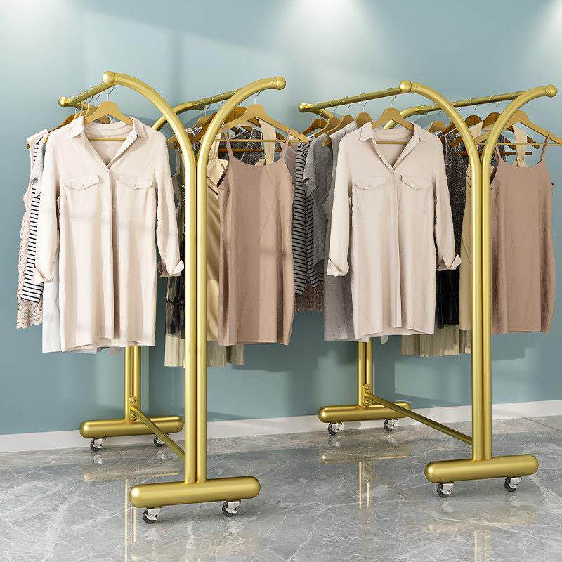服装店女装货架落地双杆中岛展示架童装创意双排侧挂衣架移动带轮