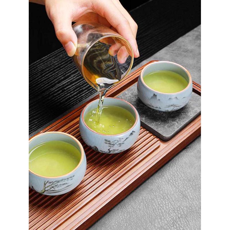 6B76山水汝窑主人杯茶杯冰裂釉功夫茶具茶碗套装陶瓷开片天青色