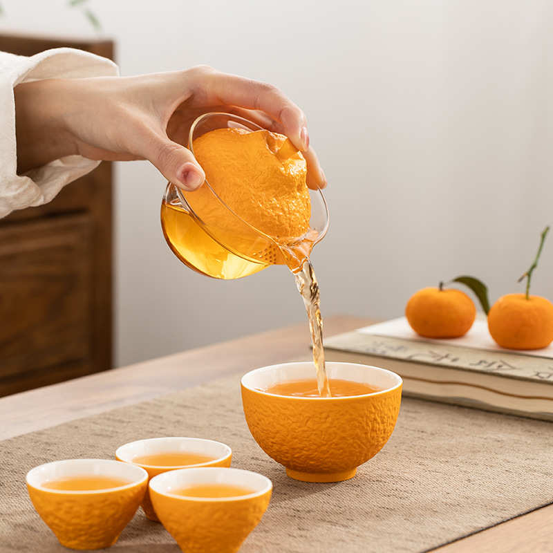 创意丑橘快客杯一壶三杯户外露营便携旅行茶具小套装玻璃泡茶壶