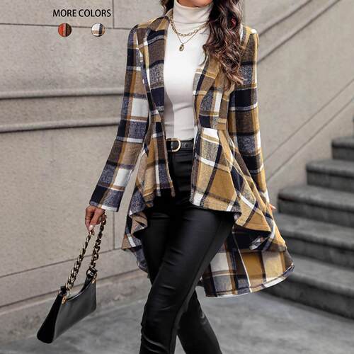 Women's Plaid Print Checkered Button High Low Hem Jacket