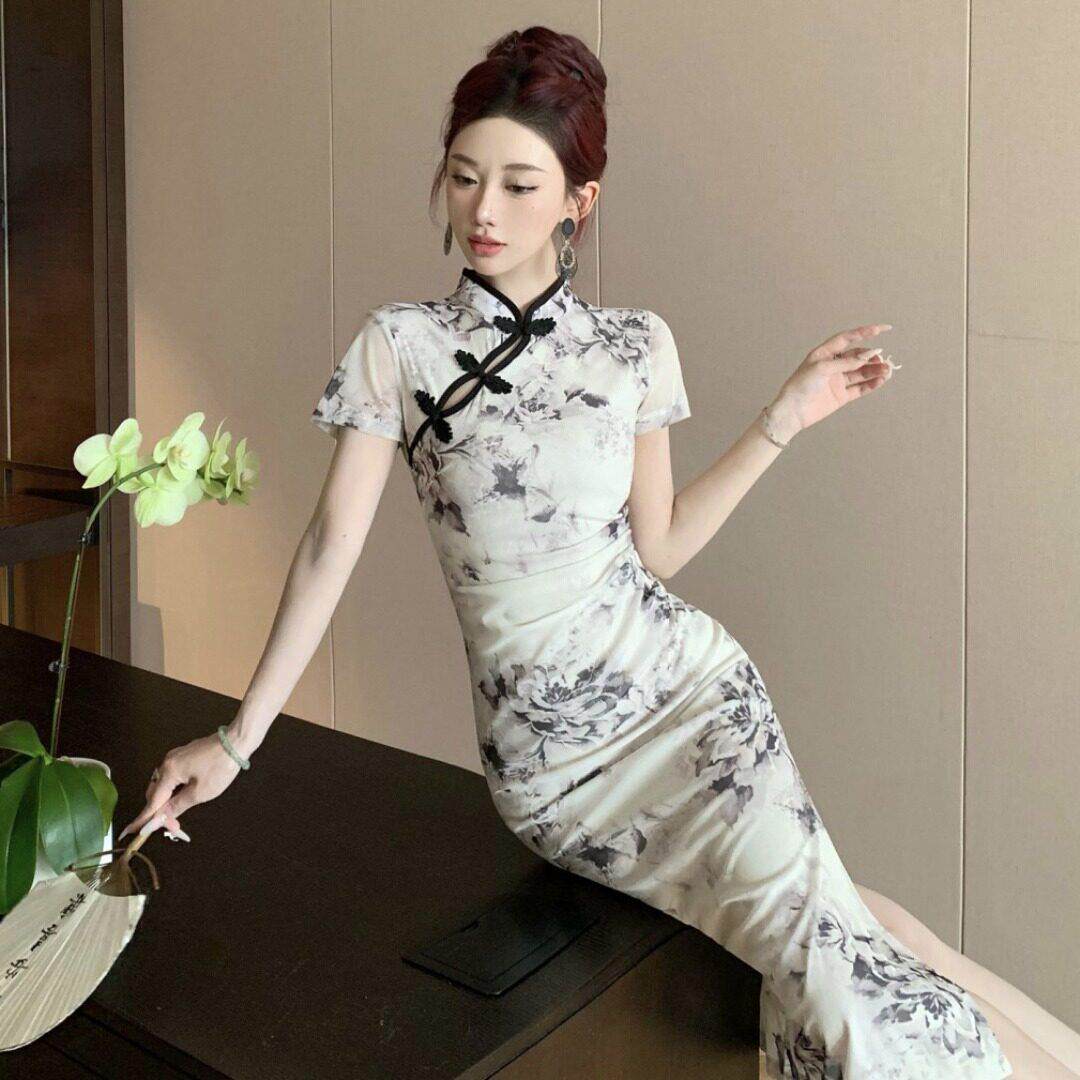 旗袍女2024新款年轻款气质高端水墨日常改良版网纱新中式连衣裙