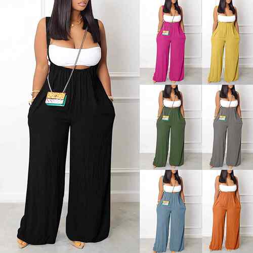 Womens Drawstring Tie Back Wide Leg Pocket Suspender Pants