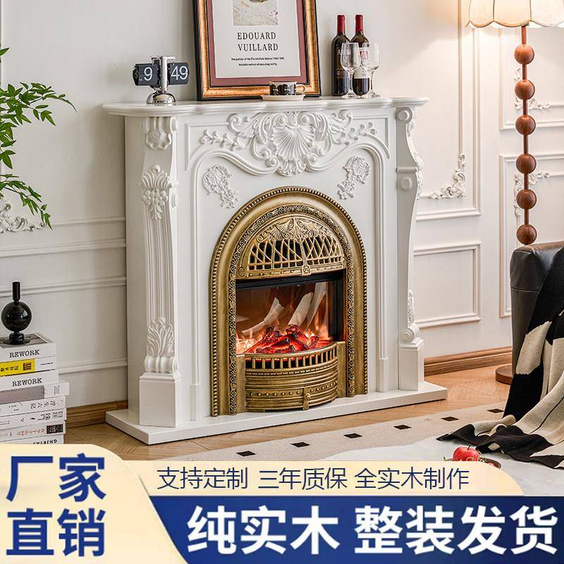 全实木精雕法式复古壁炉鸟笼仿真火欧式装饰柜壁柜整装一体玄关柜